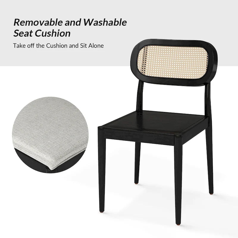 Moderner Esszimmerstuhl aus Massivholz mit Rattanlehne und abnehmbarem Sitzkissen, 2er-Set von