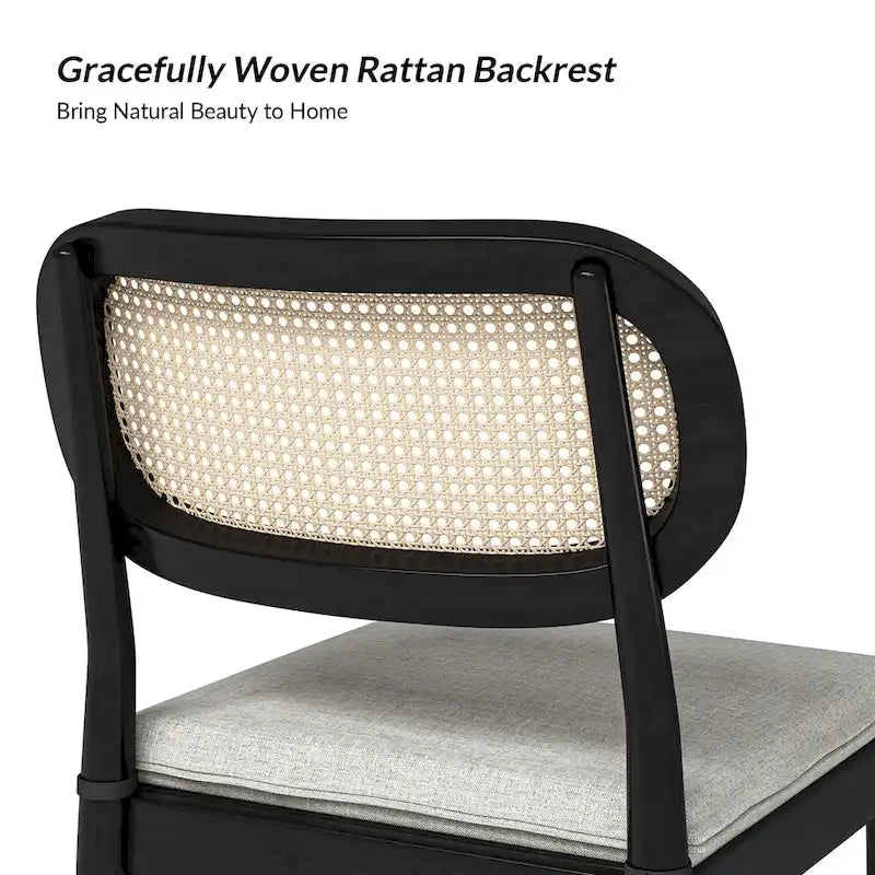 Moderner Esszimmerstuhl aus Massivholz mit Rattanlehne und abnehmbarem Sitzkissen, 2er-Set von