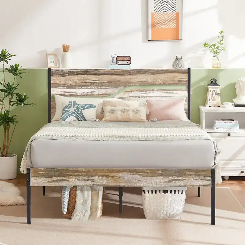 Metal Platform Bed Frame with Wooden Headboard and Footboard, Industrial Metal Bedframe No Box Spring Needed