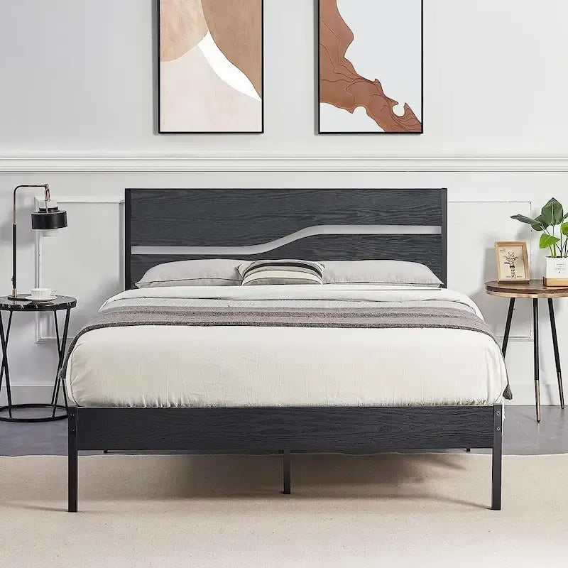Metal Platform Bed Frame with Wooden Headboard and Footboard, Industrial Metal Bedframe No Box Spring Needed