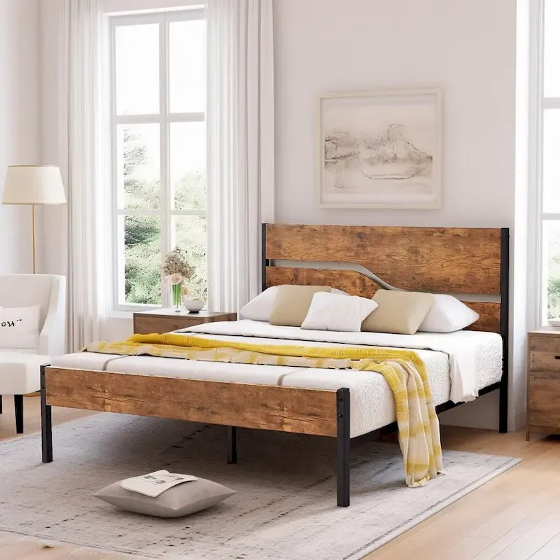 Metal Platform Bed Frame with Wooden Headboard and Footboard, Industrial Metal Bedframe No Box Spring Needed