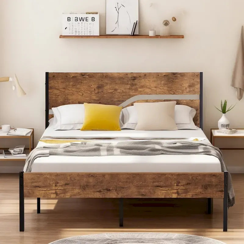 Metal Platform Bed Frame with Wooden Headboard and Footboard, Industrial Metal Bedframe No Box Spring Needed