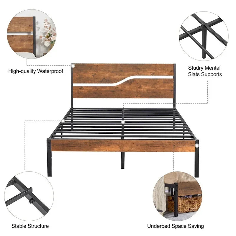 Metal Platform Bed Frame with Wooden Headboard and Footboard, Industrial Metal Bedframe No Box Spring Needed