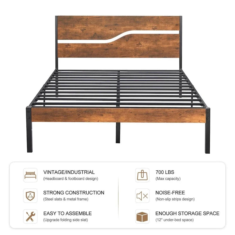 Cadre de lit plateforme en métal avec tête et pied de lit en bois, cadre de lit industriel en métal sans sommier nécessaire