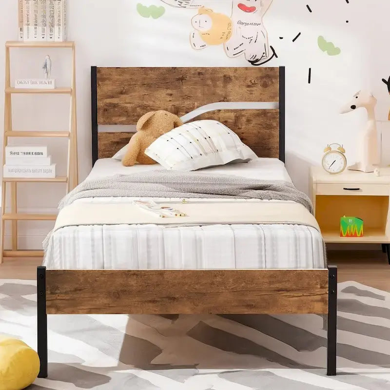 Cadre de lit plateforme en métal avec tête et pied de lit en bois, cadre de lit industriel en métal sans sommier nécessaire