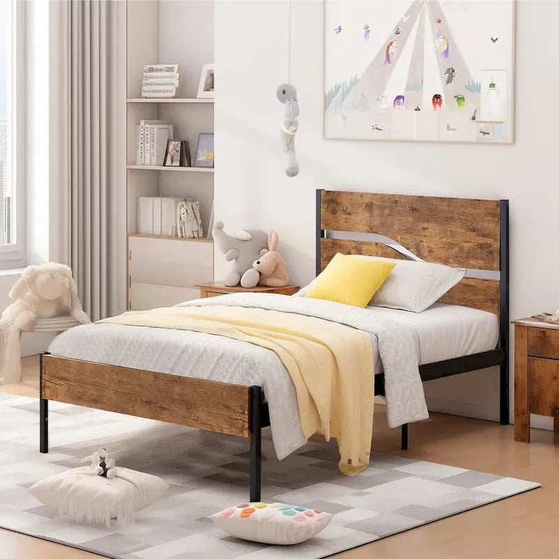 Cadre de lit plateforme en métal avec tête et pied de lit en bois, cadre de lit industriel en métal sans sommier nécessaire