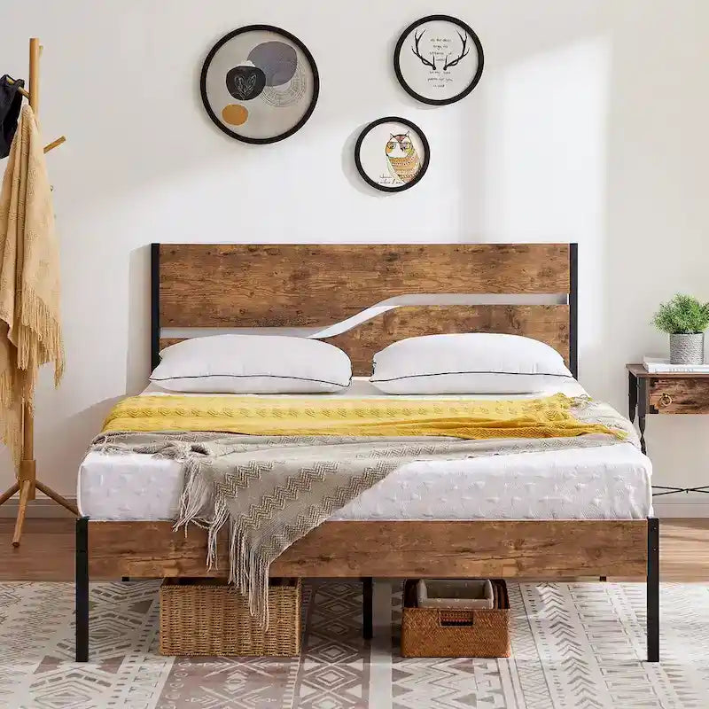 Cadre de lit plateforme en métal avec tête et pied de lit en bois, cadre de lit industriel en métal sans sommier nécessaire