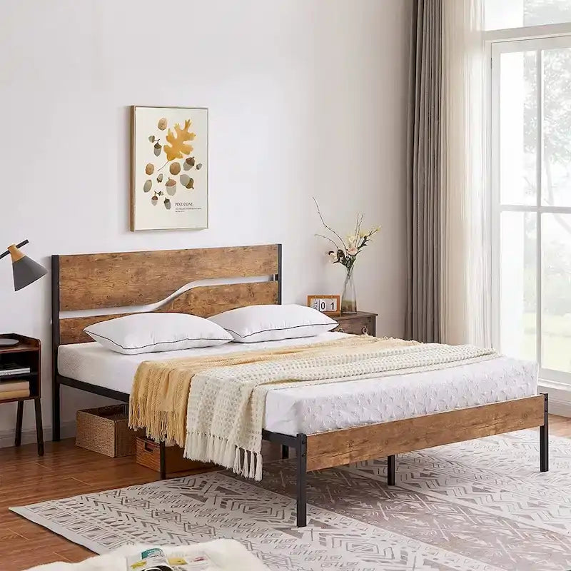 Cadre de lit plateforme en métal avec tête et pied de lit en bois, cadre de lit industriel en métal sans sommier nécessaire