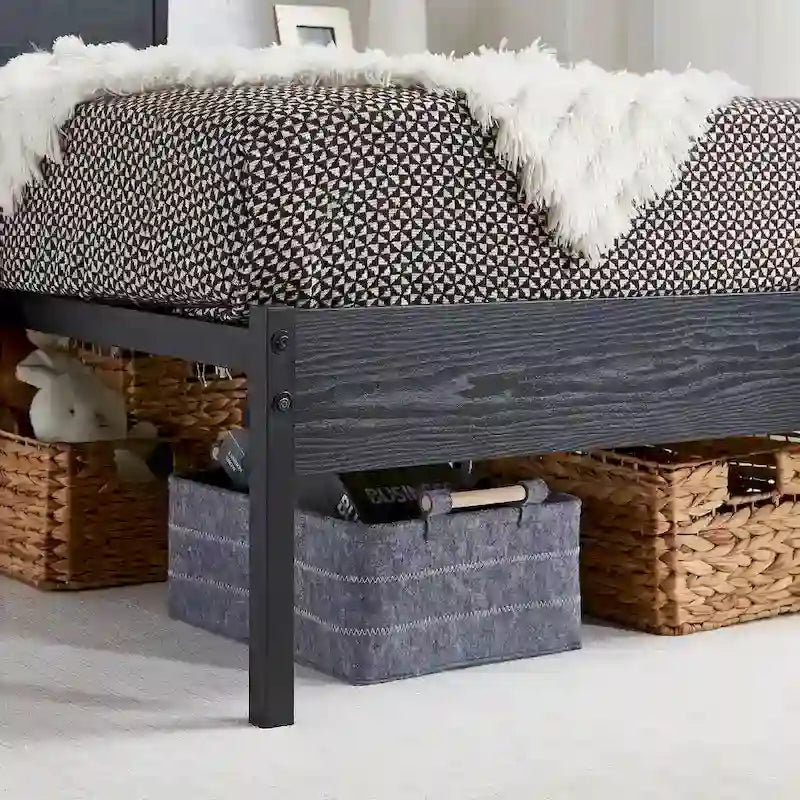 Cadre de lit plateforme en métal avec tête et pied de lit en bois, cadre de lit industriel en métal sans sommier nécessaire
