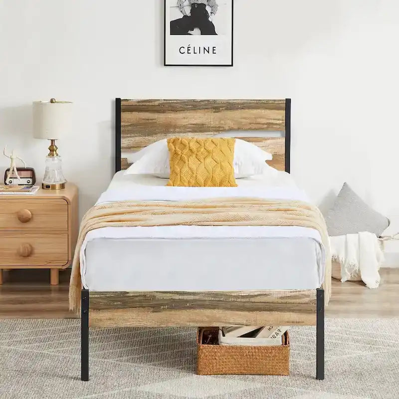 Cadre de lit plateforme en métal avec tête et pied de lit en bois, cadre de lit industriel en métal sans sommier nécessaire