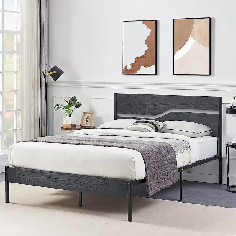 Cadre de lit plateforme en métal avec tête et pied de lit en bois, cadre de lit industriel en métal sans sommier nécessaire