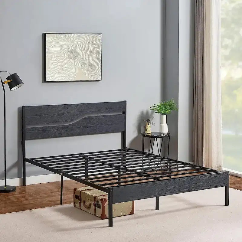 Cadre de lit plateforme en métal avec tête et pied de lit en bois, cadre de lit industriel en métal sans sommier nécessaire