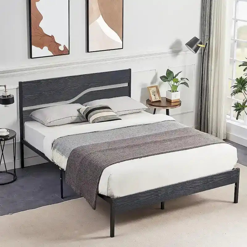 Cadre de lit plateforme en métal avec tête et pied de lit en bois, cadre de lit industriel en métal sans sommier nécessaire