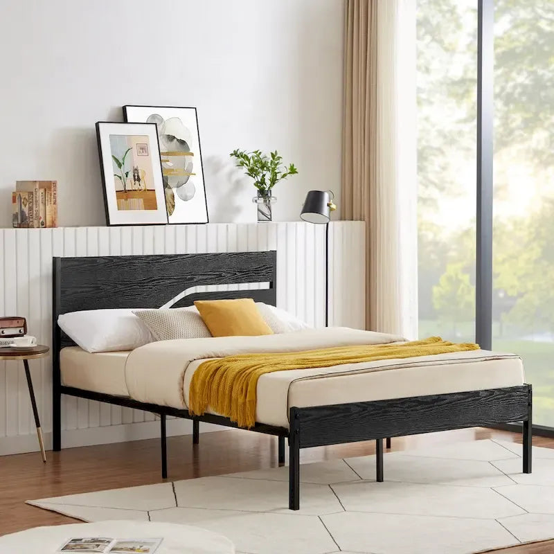 Cadre de lit plateforme en métal avec tête et pied de lit en bois, cadre de lit industriel en métal sans sommier nécessaire