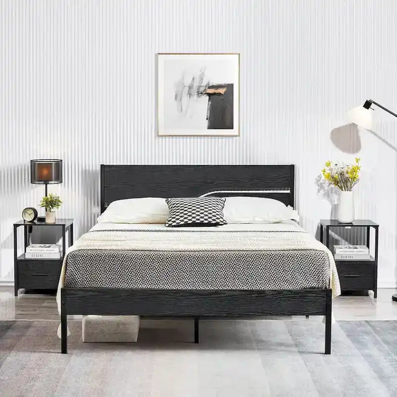 Cadre de lit plateforme en métal avec tête et pied de lit en bois, cadre de lit industriel en métal sans sommier nécessaire