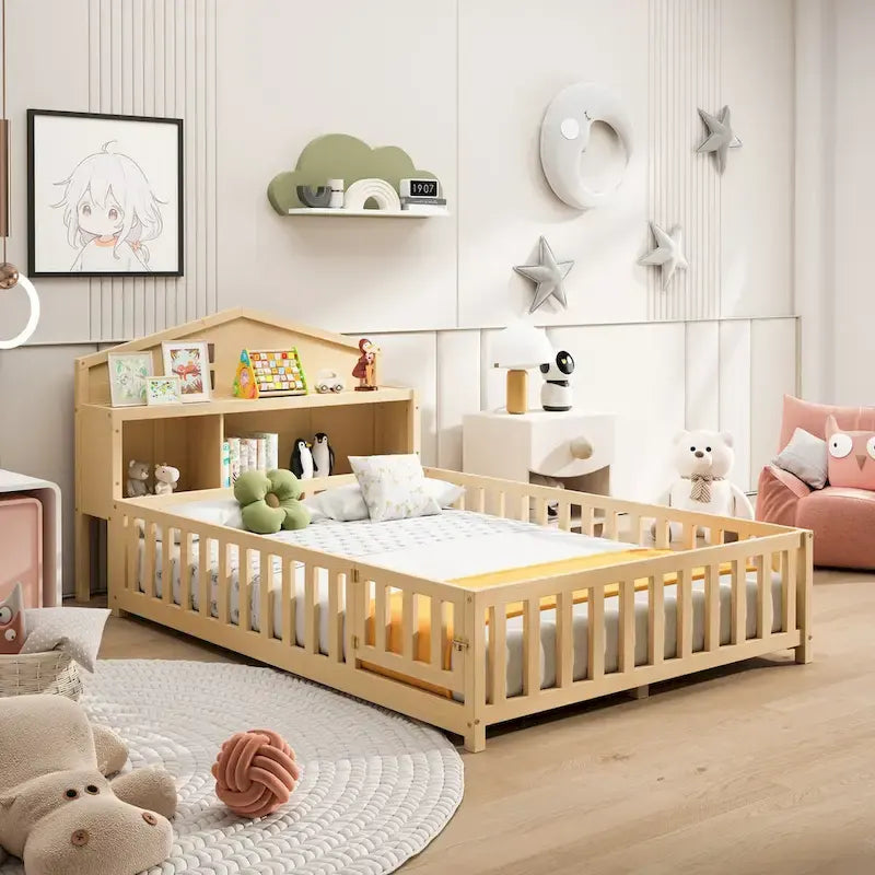 Full-size Floor Beds with Bookcases and Blackboards for Kids