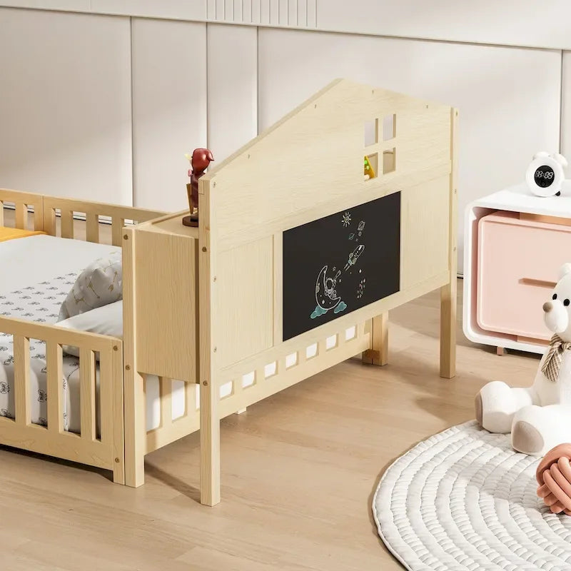 Full-size Floor Beds with Bookcases and Blackboards for Kids