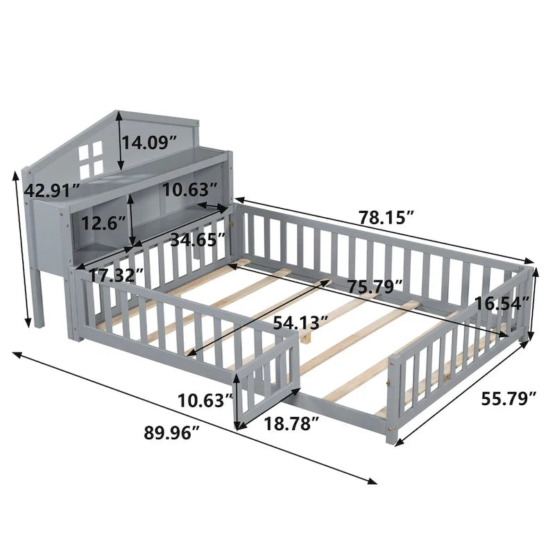 Full-size Floor Beds with Bookcases and Blackboards for Kids