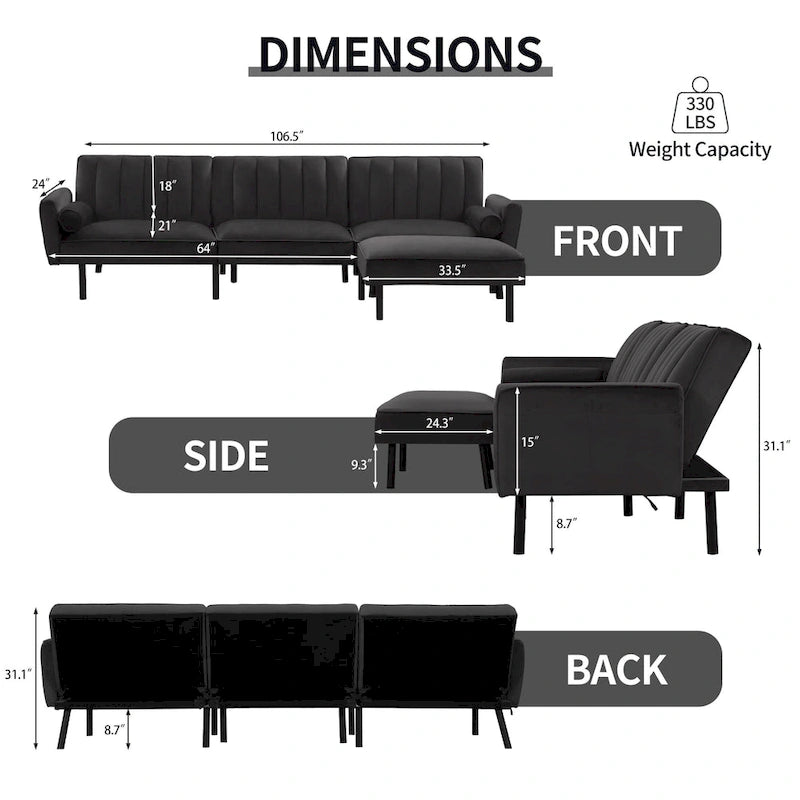 Canapé-lit futon convertible avec ottoman méridienne pour bureau, canapé-lit futon en velours