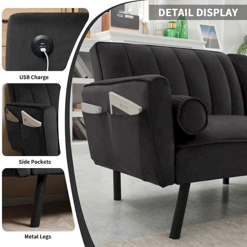 Canapé-lit futon convertible avec ottoman méridienne pour bureau, canapé-lit futon en velours