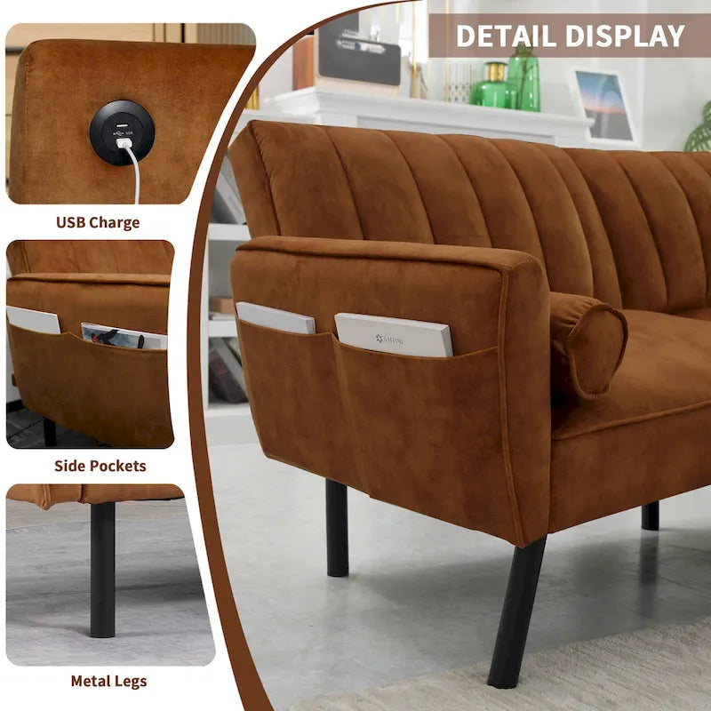 Canapé-lit futon convertible avec ottoman méridienne pour bureau, canapé-lit futon en velours