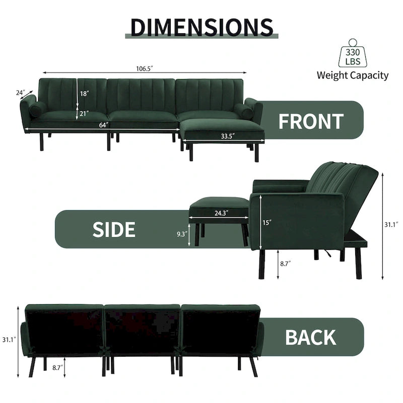 Canapé-lit futon convertible avec ottoman méridienne pour bureau, canapé-lit futon en velours