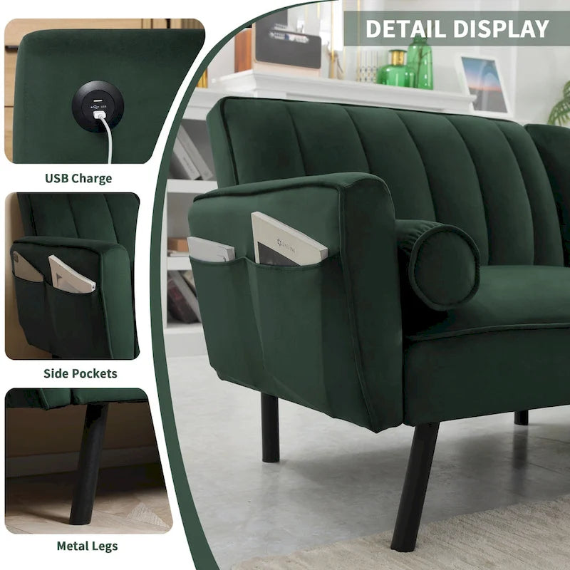 Canapé-lit futon convertible avec ottoman méridienne pour bureau, canapé-lit futon en velours
