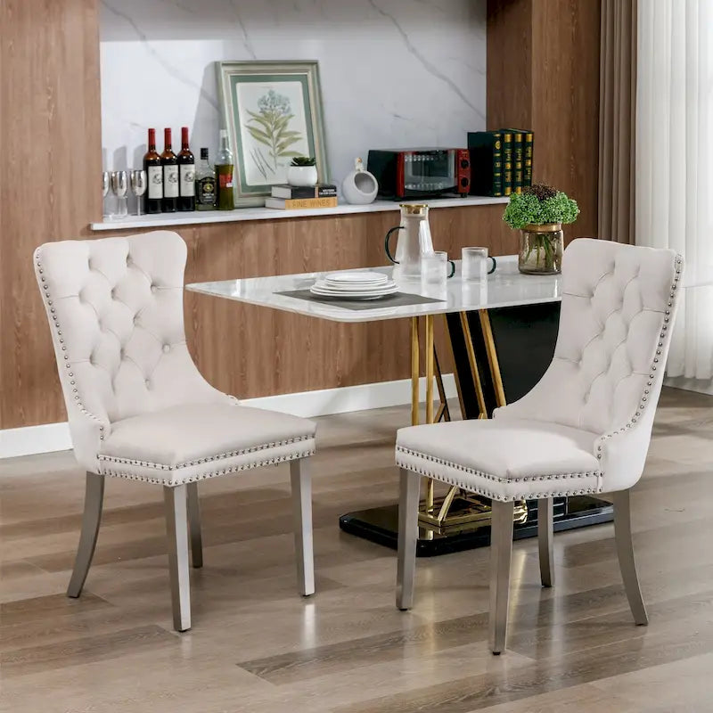 Velvet Upholstered Dining Chair with Nailhead Trim and Stainless Steel Silver Plated Leg Set of 2
