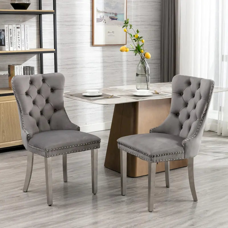 Velvet Upholstered Dining Chair with Nailhead Trim and Stainless Steel Silver Plated Leg Set of 2
