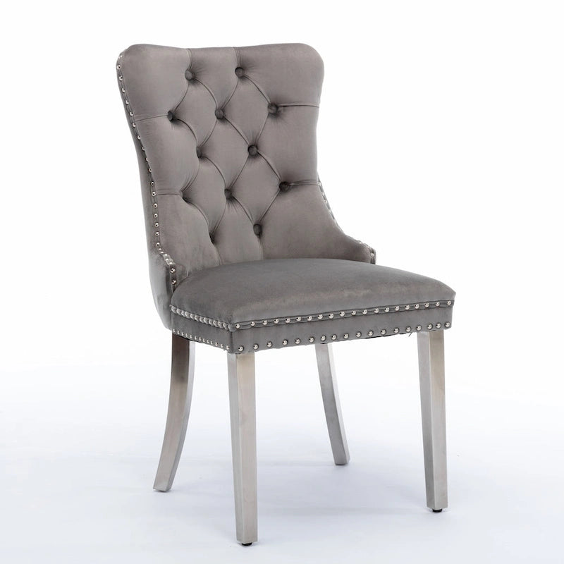 Velvet Upholstered Dining Chair with Nailhead Trim and Stainless Steel Silver Plated Leg Set of 2