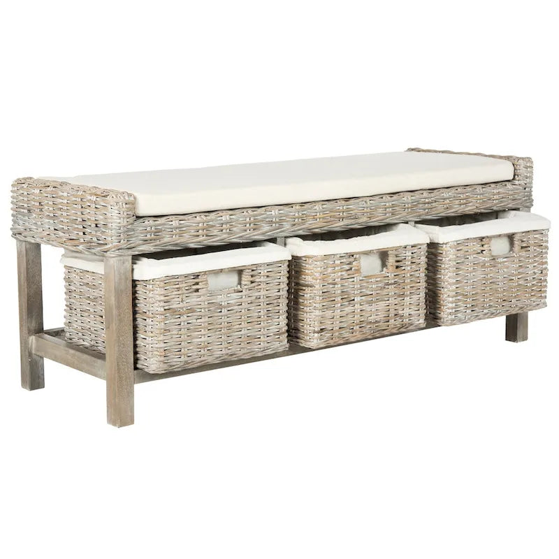 Rattan White 3-Drawer Storage Bench - 47Wx16Dx18H