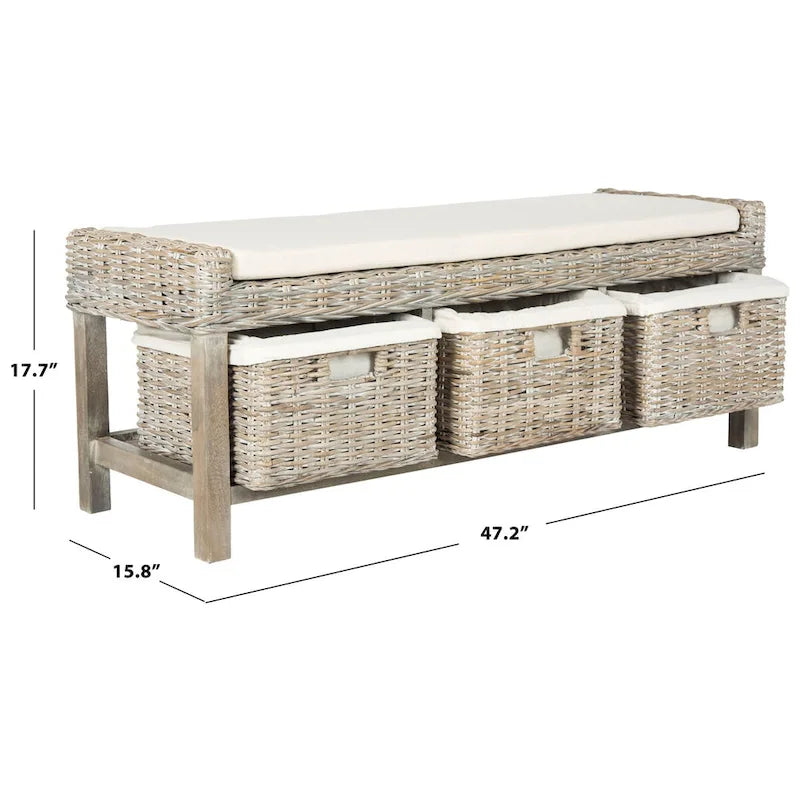 Rattan White 3-Drawer Storage Bench - 47Wx16Dx18H